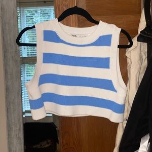 Zara knit top, blue & white stripes, slightly cropped